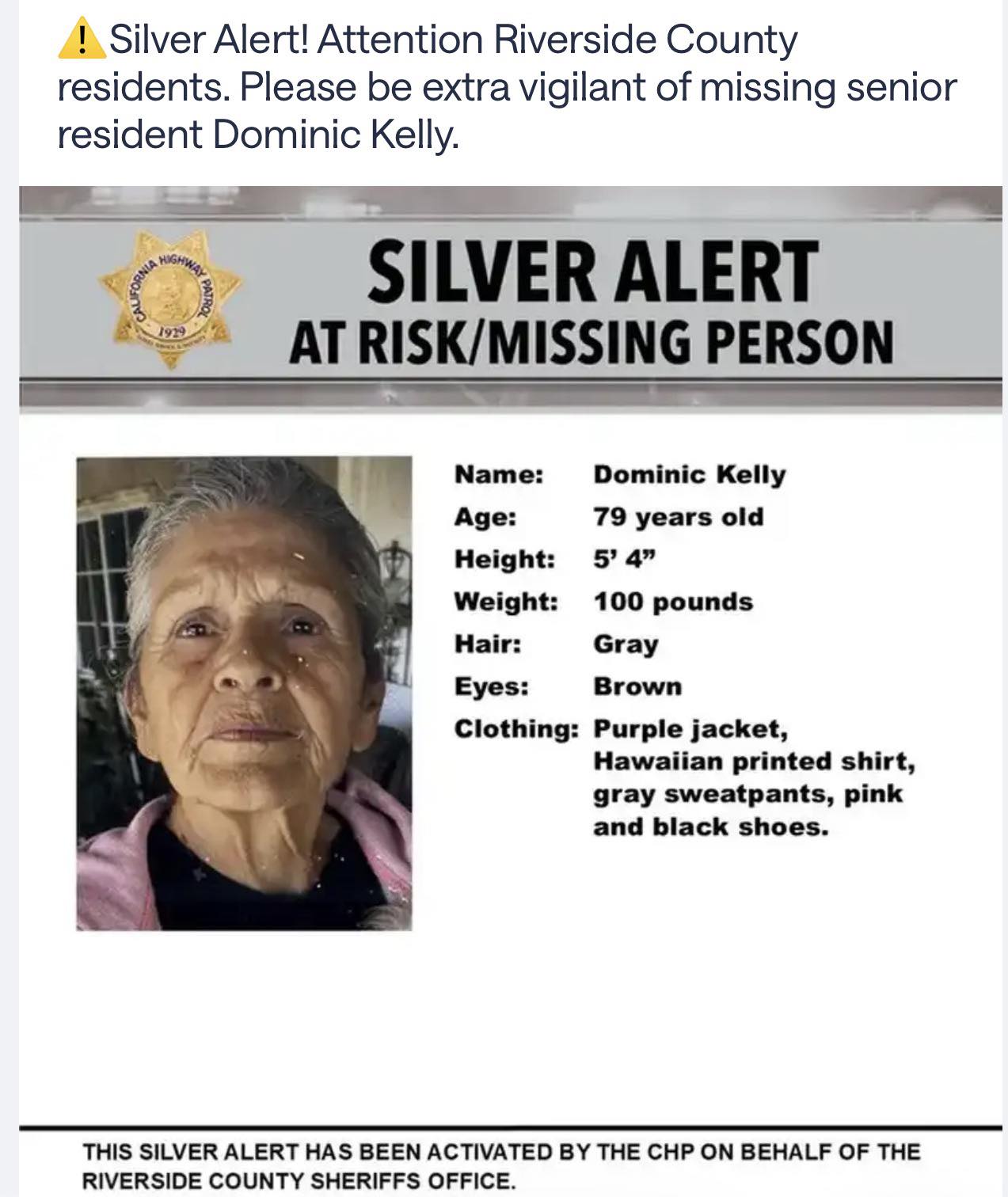 Silver Alert Issued For Missing And Endangered Dominic Kelly In Riverside County